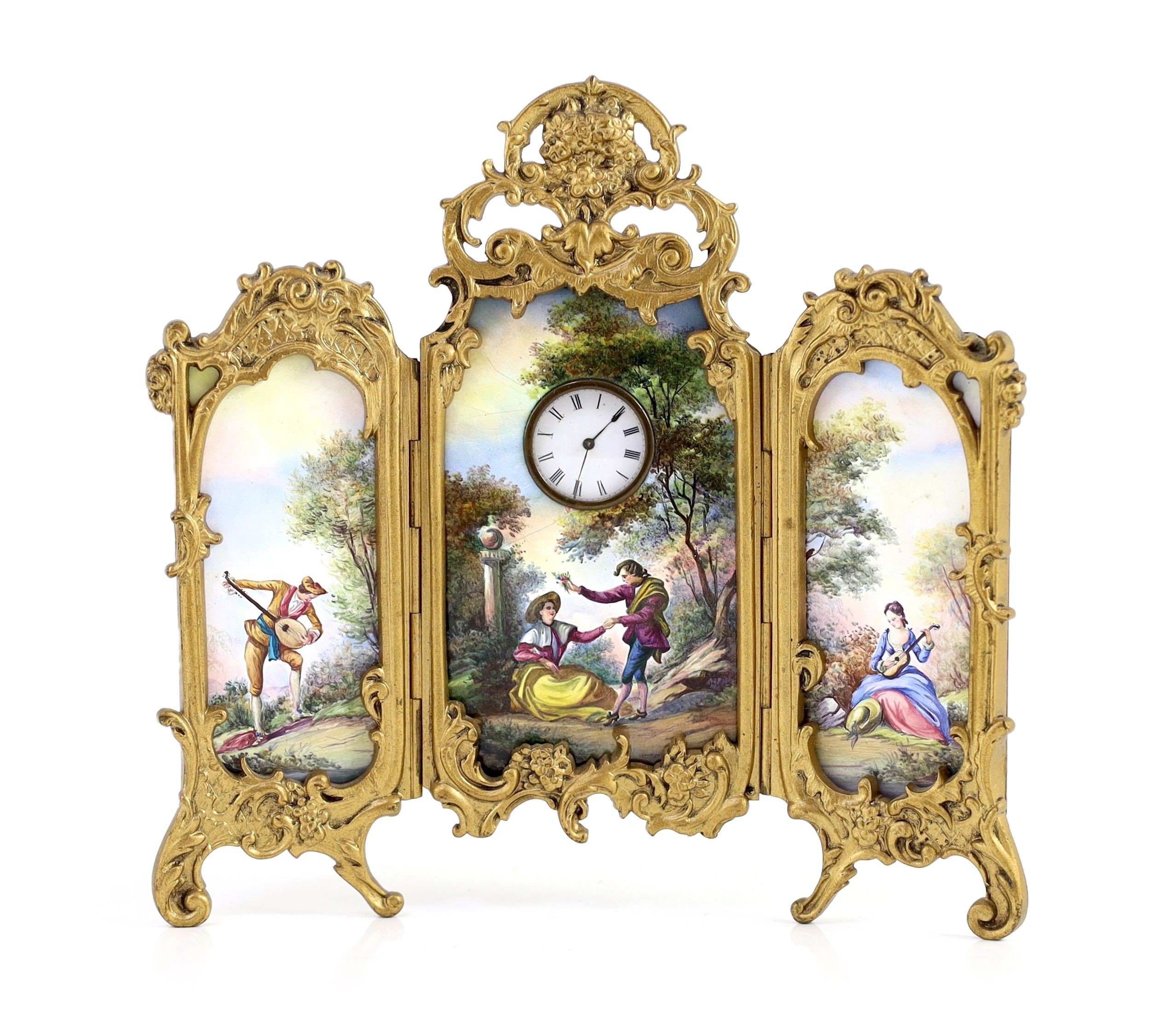 A late 19th century Viennese ormolu and enamel timepiece, width when open 20cm height 19cm